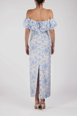 Rowen Rose | White & Blue Roses Bardot Dress, alternative view