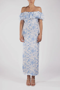 Rowen Rose | White & Blue Roses Bardot Dress