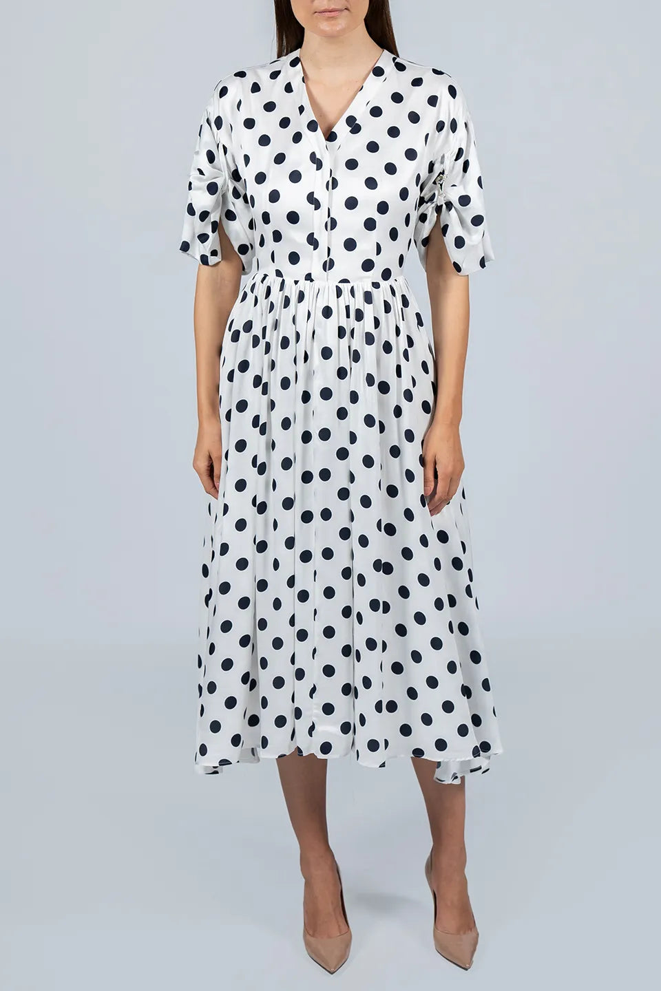 Navy polka dot midi dress sales