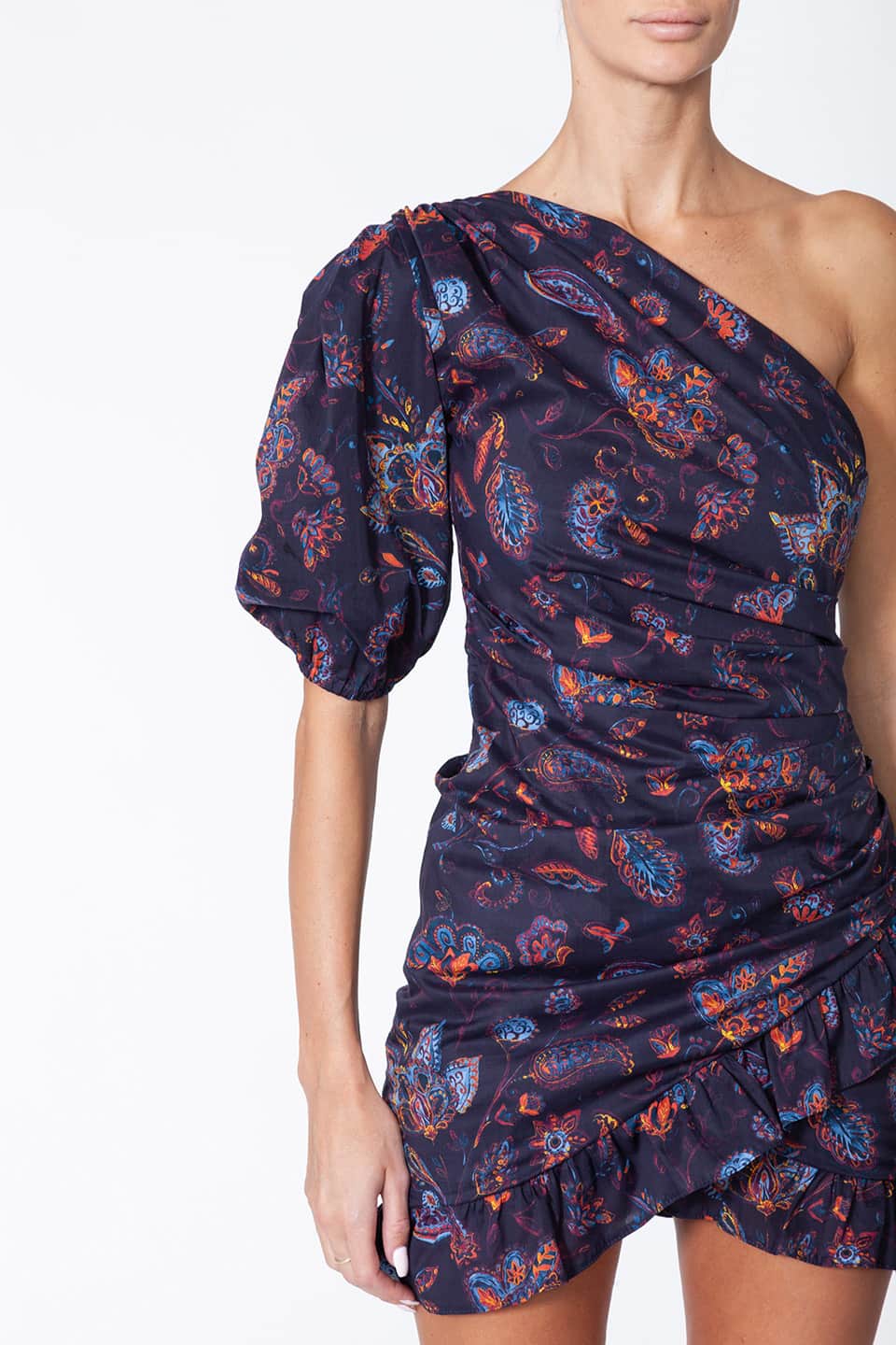 Paisley fabric short dress in purple color. Shop online fashion designer dress