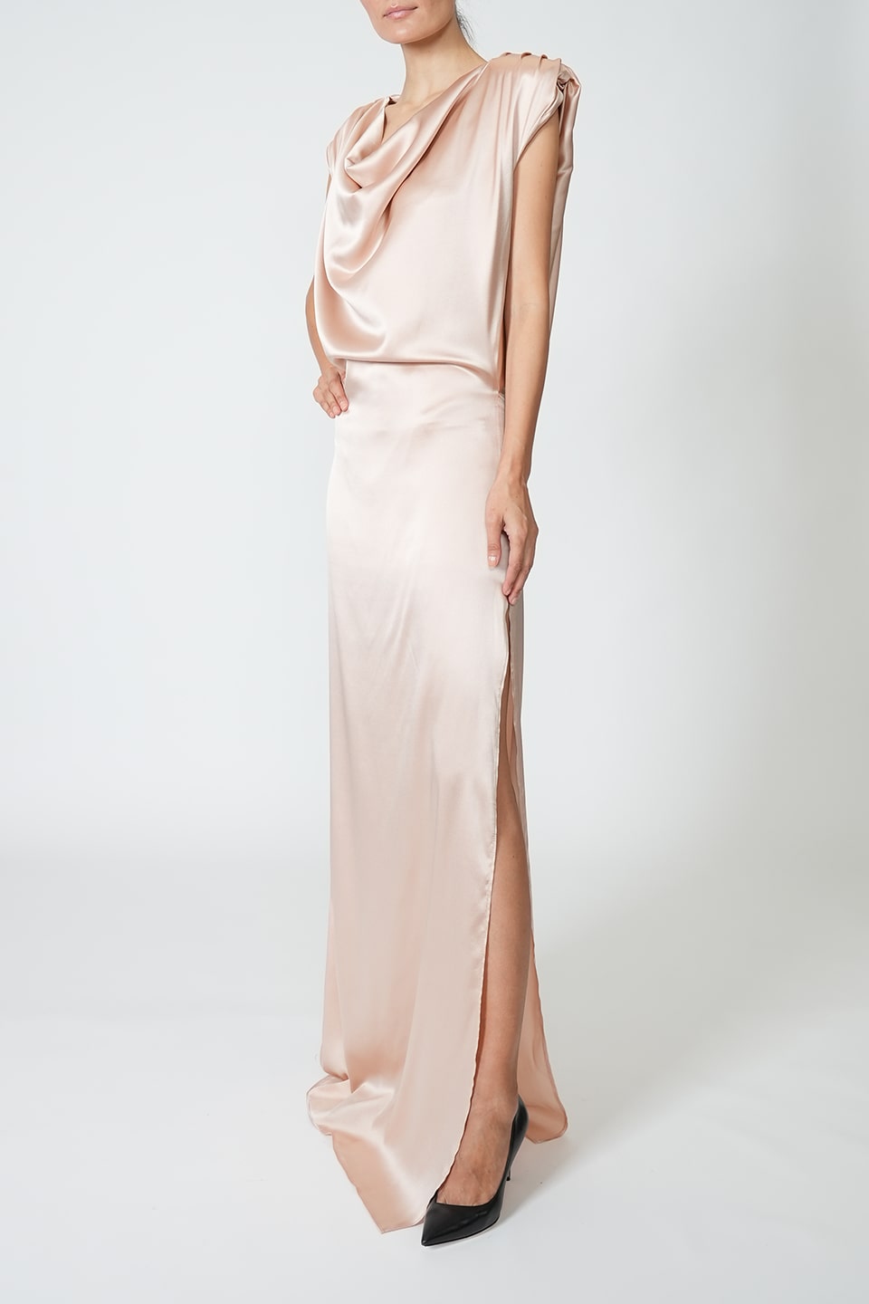 Silky dress from fashion designer Anze in rose color, product view from left side