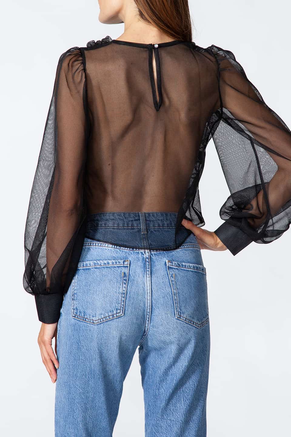 Long sleeve top in black color with puffy sleeves, from Kukhareva London Fashion Stylist is wore by model in pose for back view