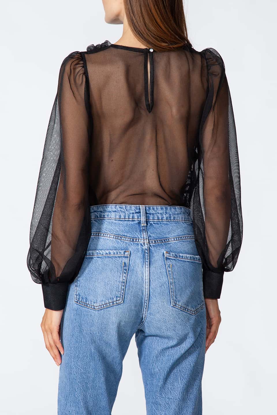Long sleeve top in black color with puffy sleeves, from Kukhareva London Fashion Stylist is wore by model posing from behind