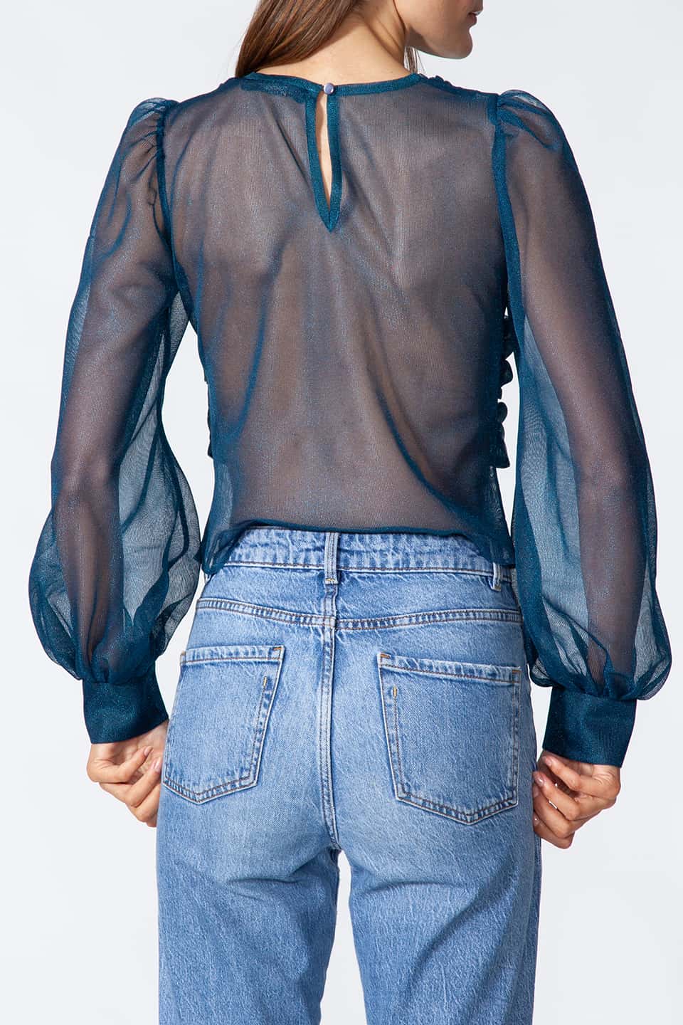 Long sleeve top in Teal color with puffy sleeves, from Kukhareva London Fashion Stylist is wore by model posing from behind