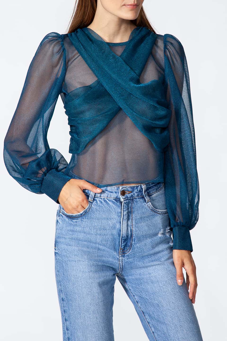 Long sleeve top in Teal color with puffy sleeves, from Kukhareva London Fashion Stylist is wore by model in pose for front view