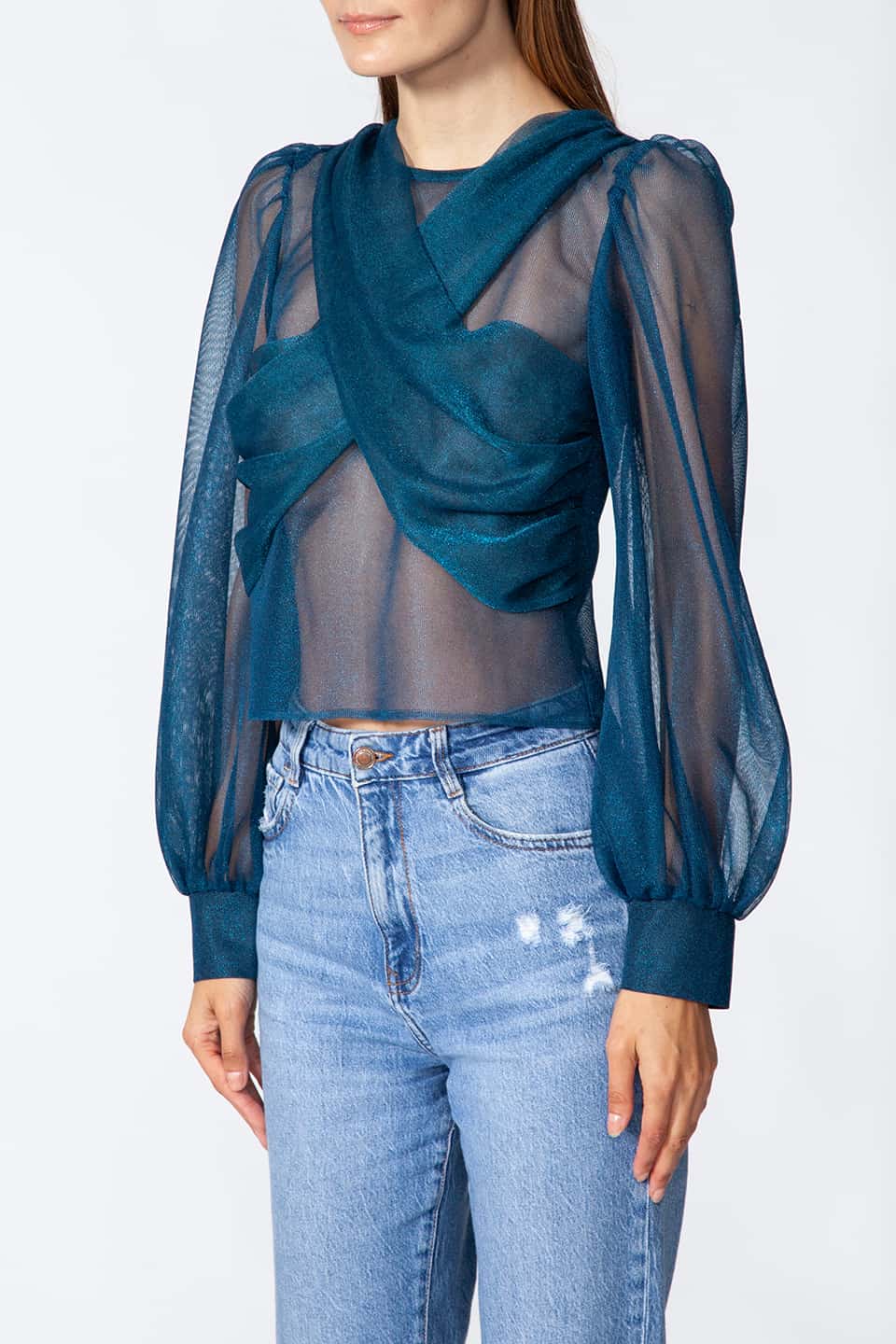 Long sleeve top in Teal color with puffy sleeves, from Kukhareva London Fashion Stylist is wore by model posing on front - side view
