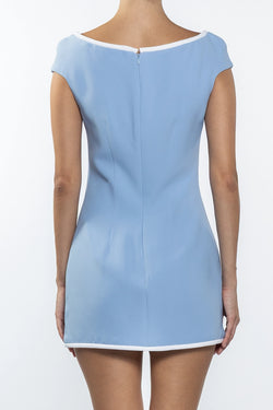 Rowen Rose | Light Blue Sablé Mini Dress with Bow Details, alternative view