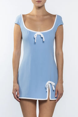 Rowen Rose | Light Blue Sablé Mini Dress with Bow Details
