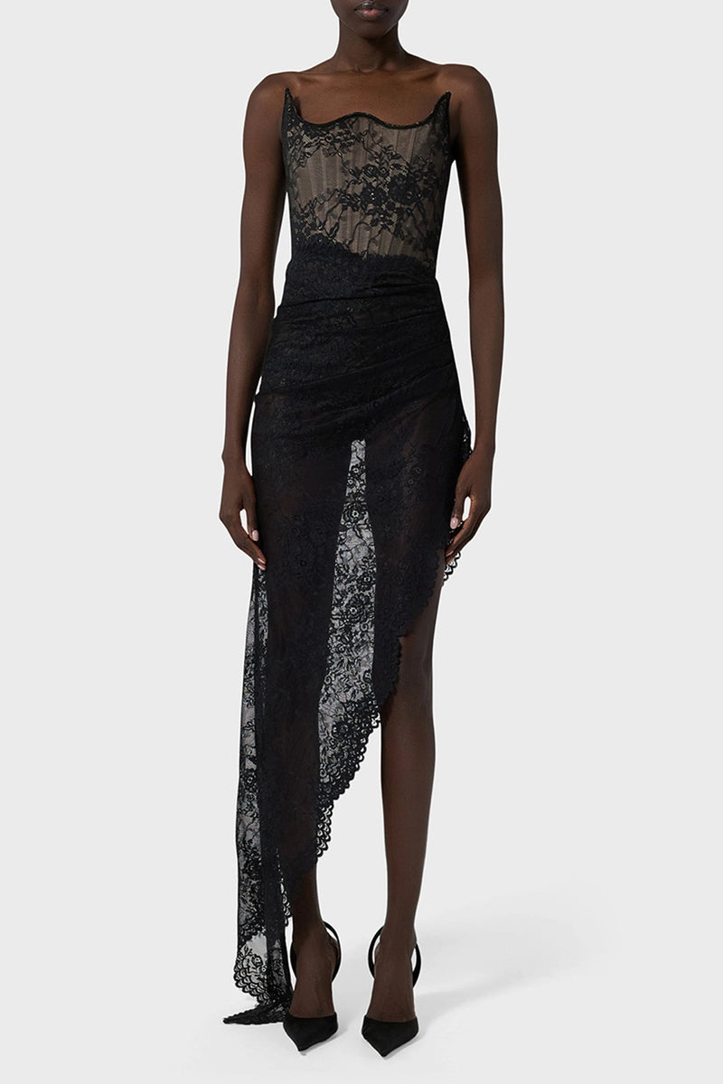 Lace Asymmetric Corset Dress Black