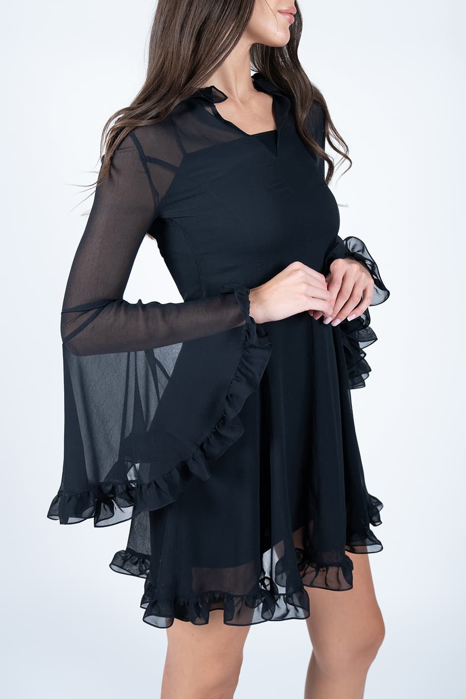Thumbnail for Product gallery 2, Georgette Mini Black Dress with Ruffles