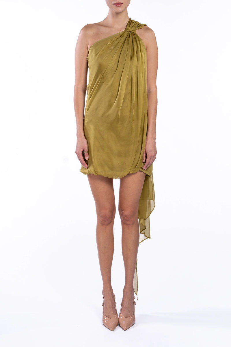 Olive Silk One Shoulder Mini Dress