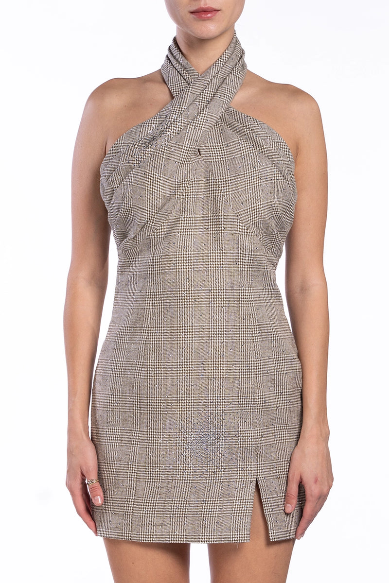 Beige Cross Halter Mini Dress