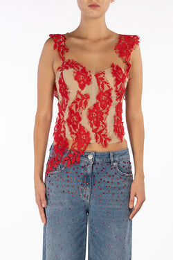 Giuseppe Di Morabito | Red Floral Lace Bustier