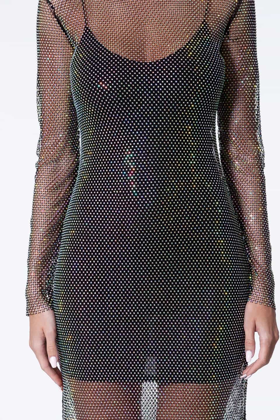Thumbnail for Product gallery 4, Anze designer's dress crafted from delicate mesh with glittering crystals. Zoom on material details