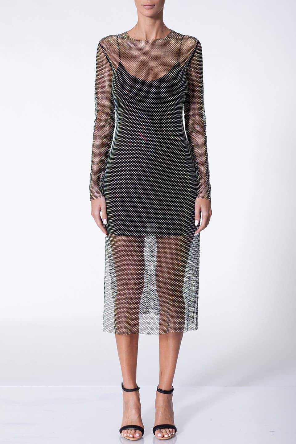 Anze designer's dress crafted from delicate mesh with glittering crystals. Model from front view