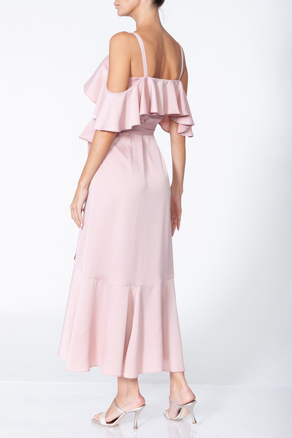 Thumbnail for Product gallery 6, Stylist Anze's pink midi dress with asymmetrical wrap silhouette, view from behind