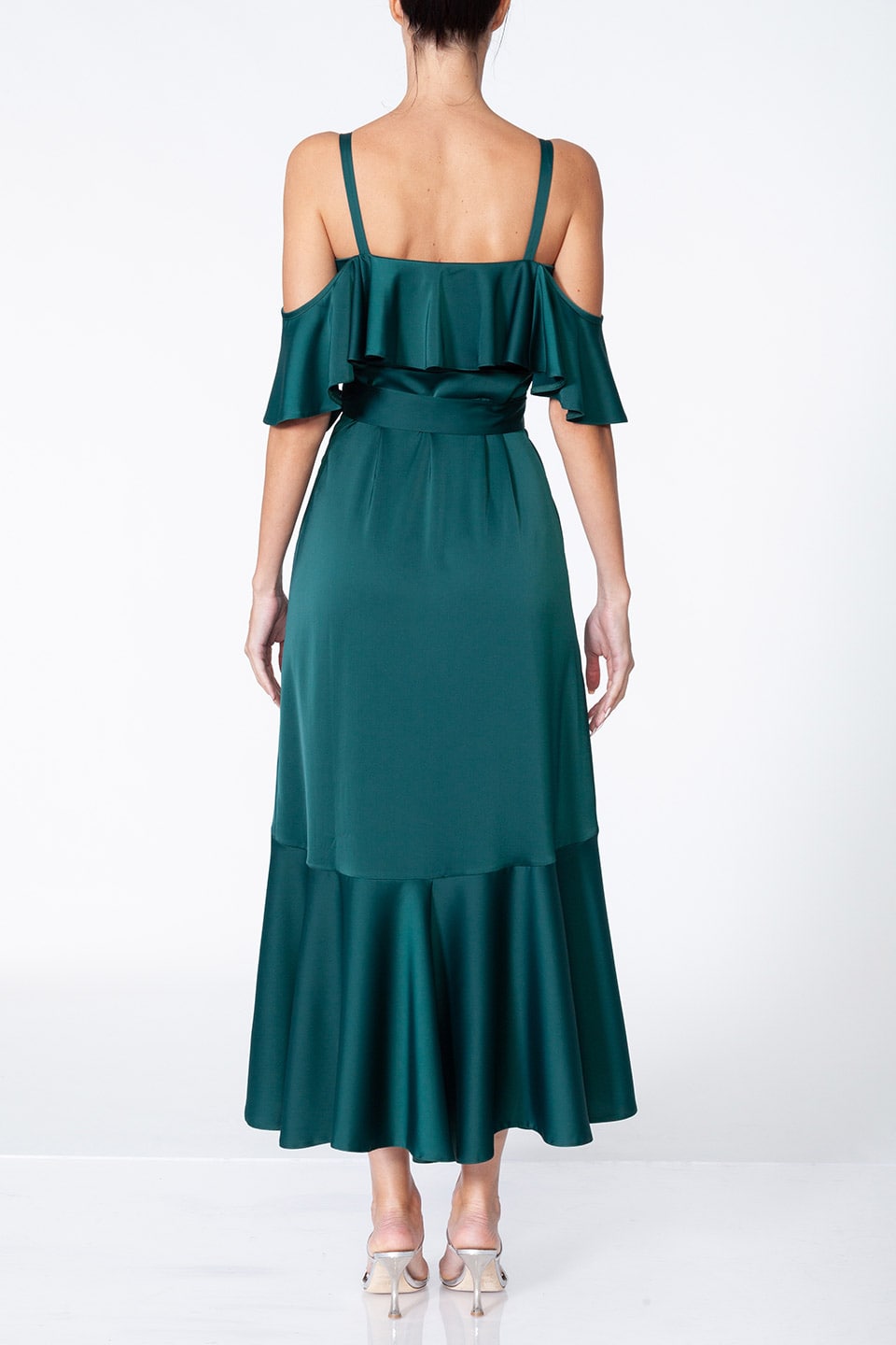 Anze fashion designer's Thea midi dress in Eemerald color, back full-body view