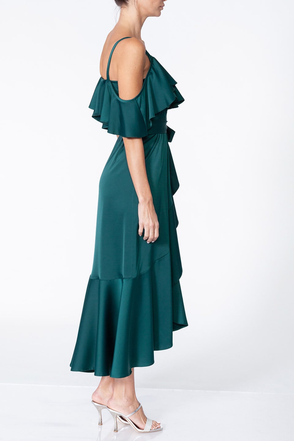 Thumbnail for Product gallery 7, Anze fashion designer's Thea midi dress in Eemerald color, right side full-body view