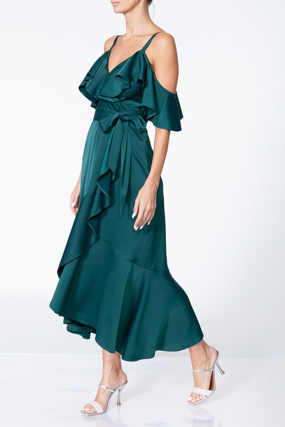 Thumbnail for Product gallery 2, Anze fashion designer's Thea midi dress in Eemerald color, left side and full-body view