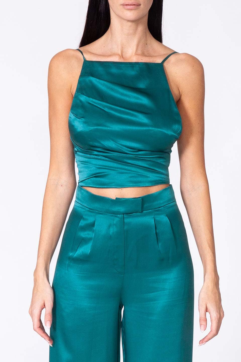 Shop online luxury clothing, backless top in pure silk and blue color. Product gallery 1