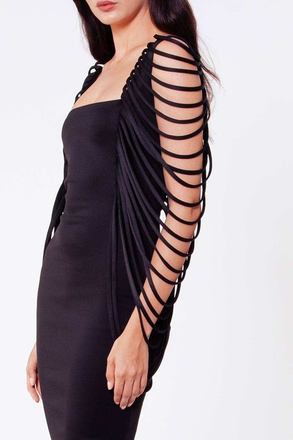 Fashion designer maxi dress with fringe sleeves. Special occasion dress in black color.