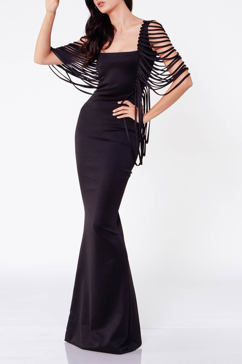 Thumbnail for Product gallery 6, Hamel Fashion designer black maxi dress with fringe sleeves.