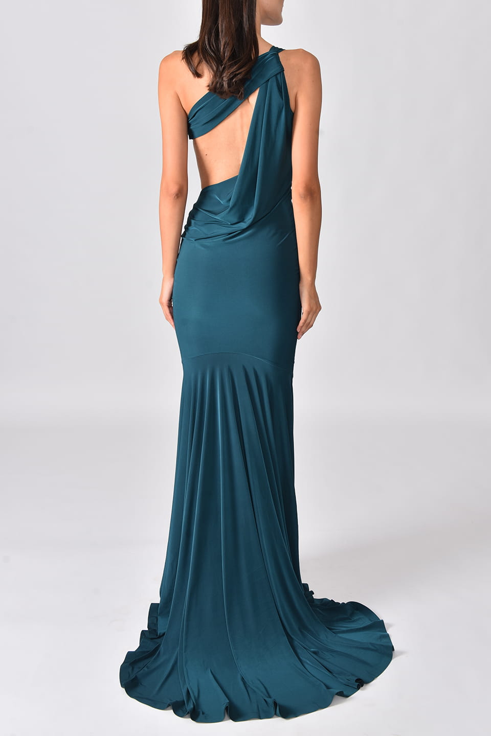 Thumbnail for Product gallery 2, Model wears Special occasion Maxi dress in Petrol Blue color from Hamel fashion stylist, posing from behind