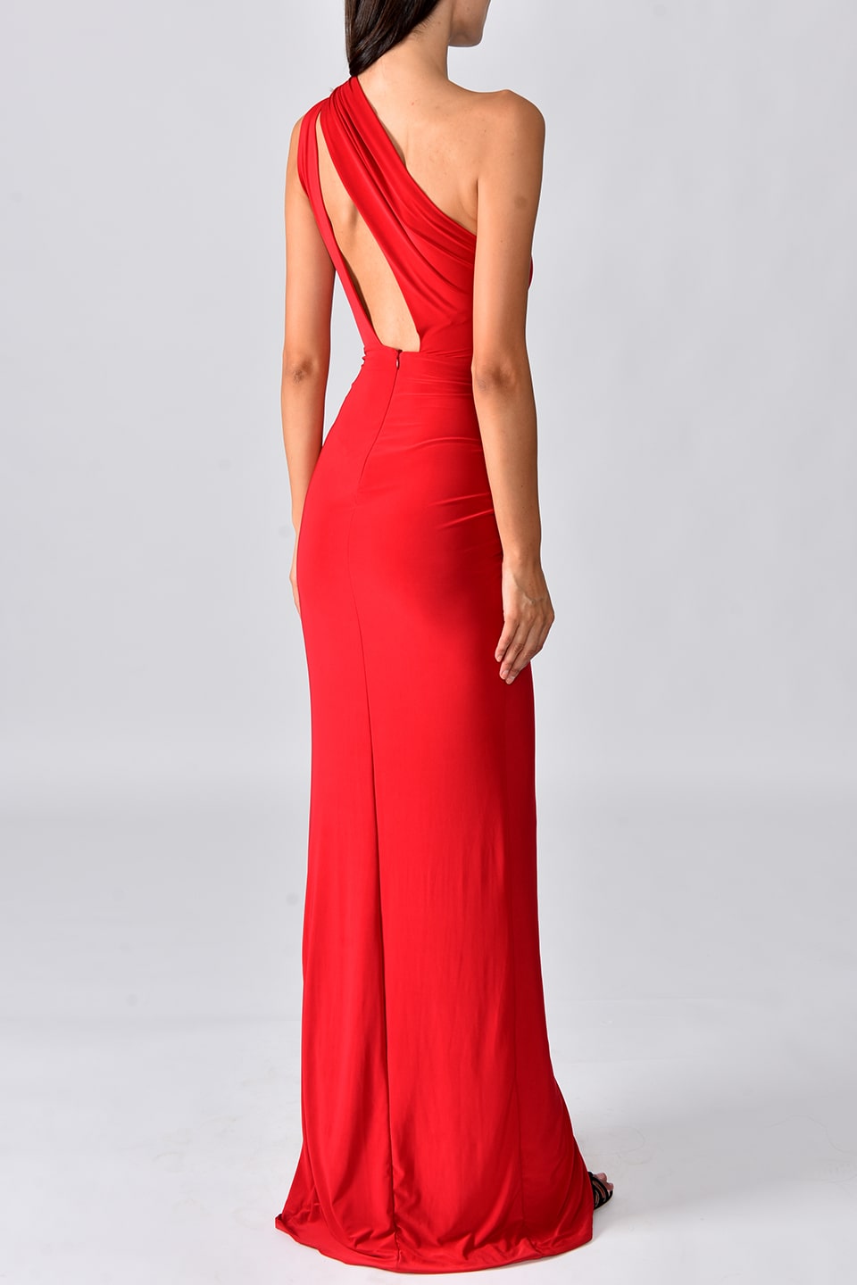 Thumbnail for Product gallery 2, Model wearing one shoulder red maxi dress from stylist Hamel, posing from behind