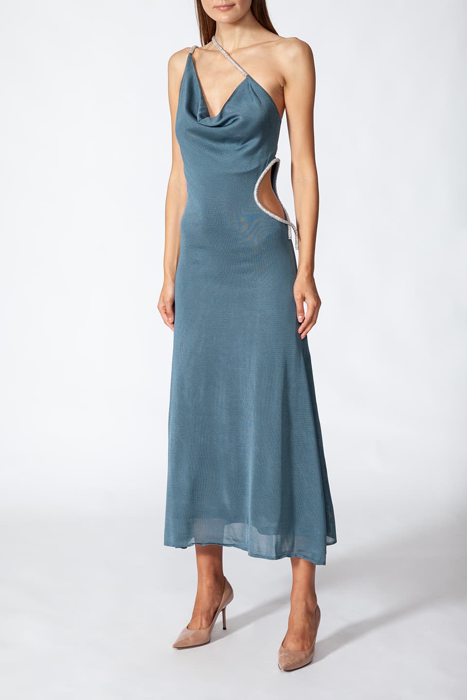 Thumbnail for Product gallery 3, Model in a natural frontal pose while wearing midi length dress featuring cut out details in petrol blue color, from Kukhareva London fashion stylist