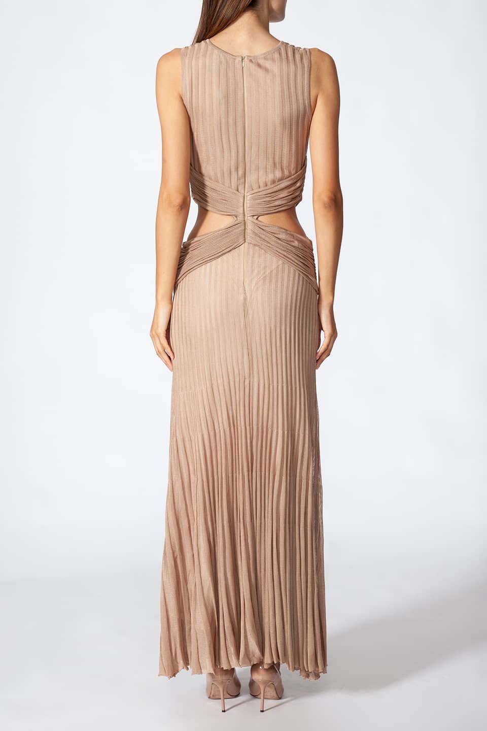 Thumbnail for Product gallery 5, Model in pose for back view, wearing Fashion Stylist Kukhareva London's elegant gold dress. Long evening dress crafted from gold viscose blend featuring round neckline.