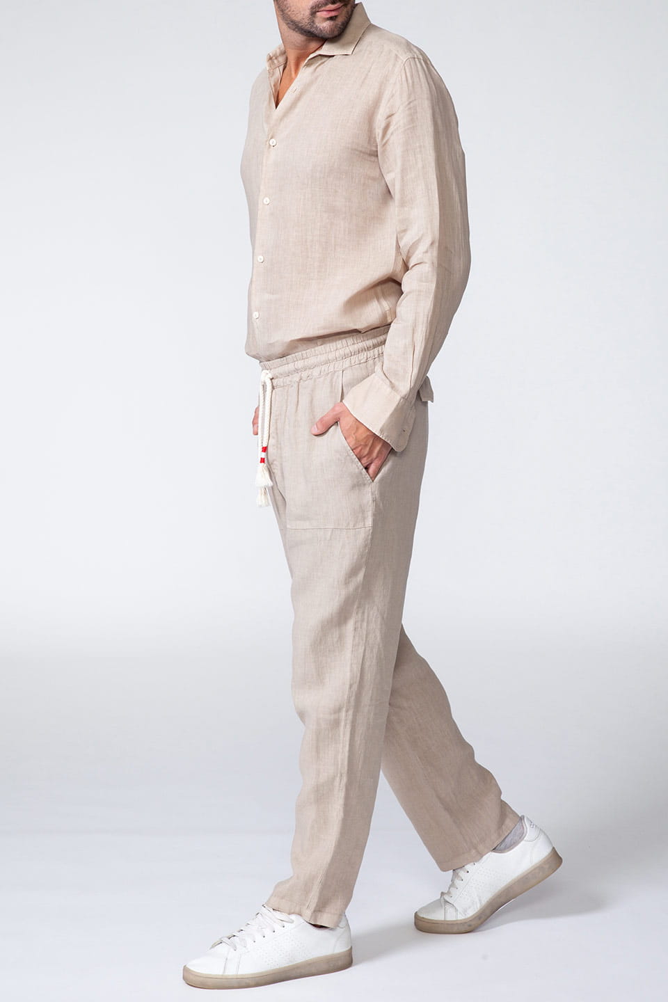 Thumbnail for Product gallery 6, Italian stylist man linen trousers in beige color. with beige shirt in a full body product view