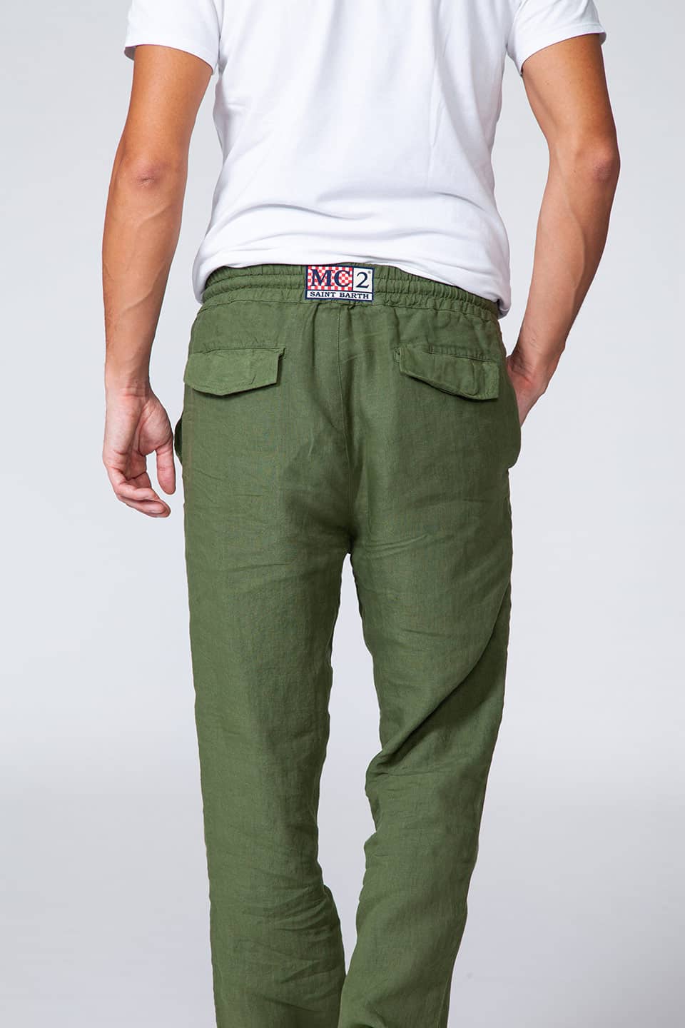 Man linen trousers in military green color from Italian brand MC2 Saint Barth, back pockets