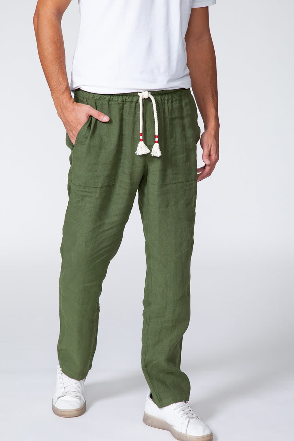 Man linen trousers in military green color from Italian brand MC2 Saint Barth, zoom on product details