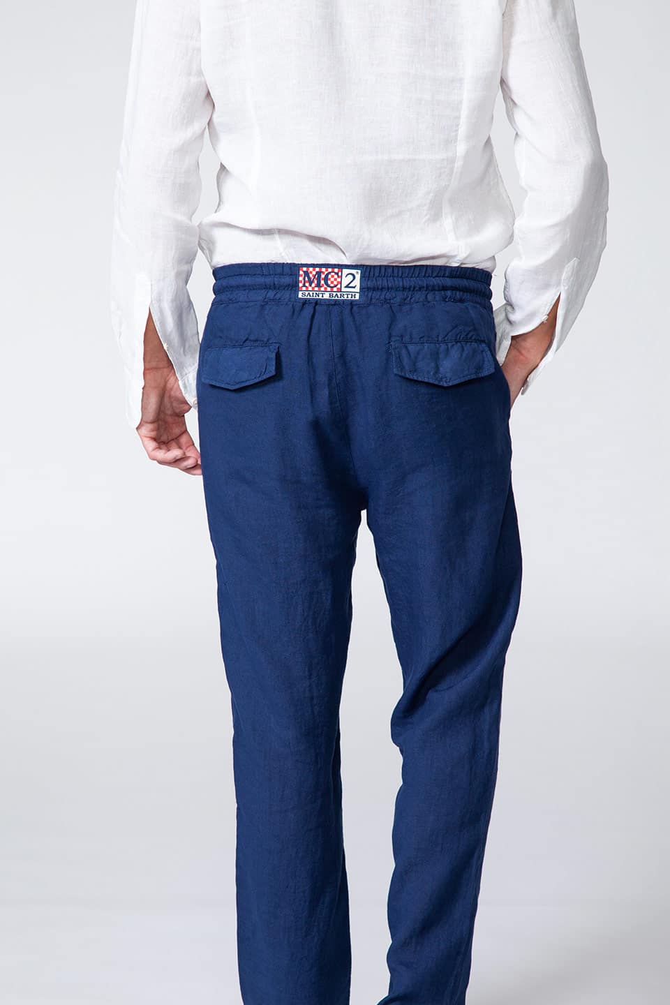 Thumbnail for Product gallery 2, Italian brand man linen trousers from MC2 Saint Barth in blue color. back product view