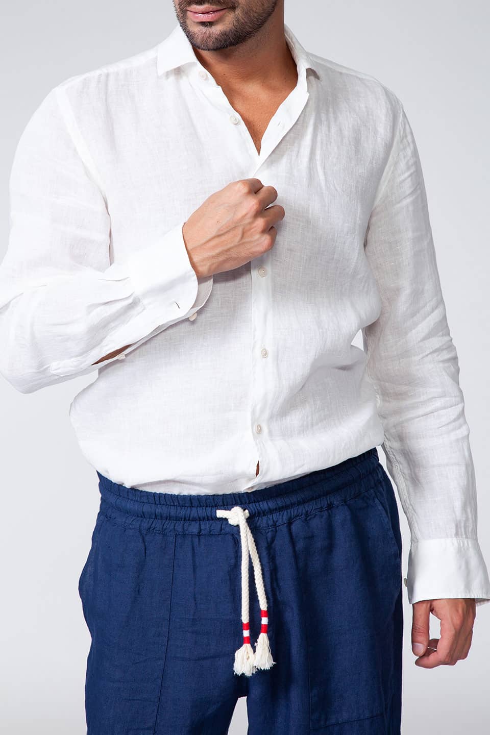 Thumbnail for Product gallery 6, Italian brand man linen trousers from MC2 Saint Barth in blue color, with white linen shirt