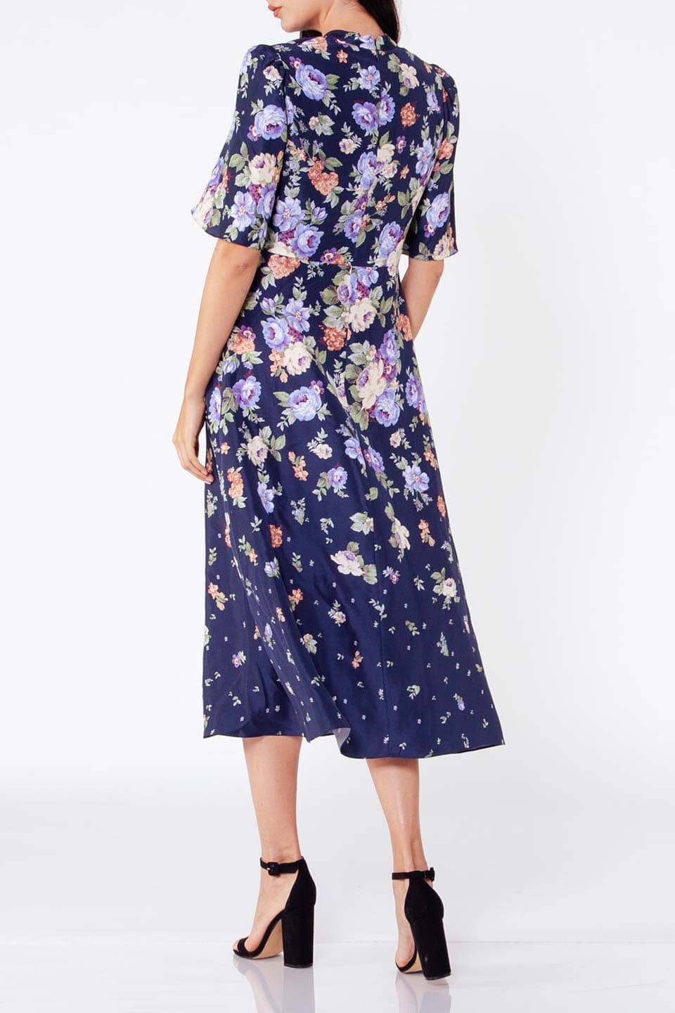 Thumbnail for Product gallery 2, Fashion designer midi dress with floral print on blue color