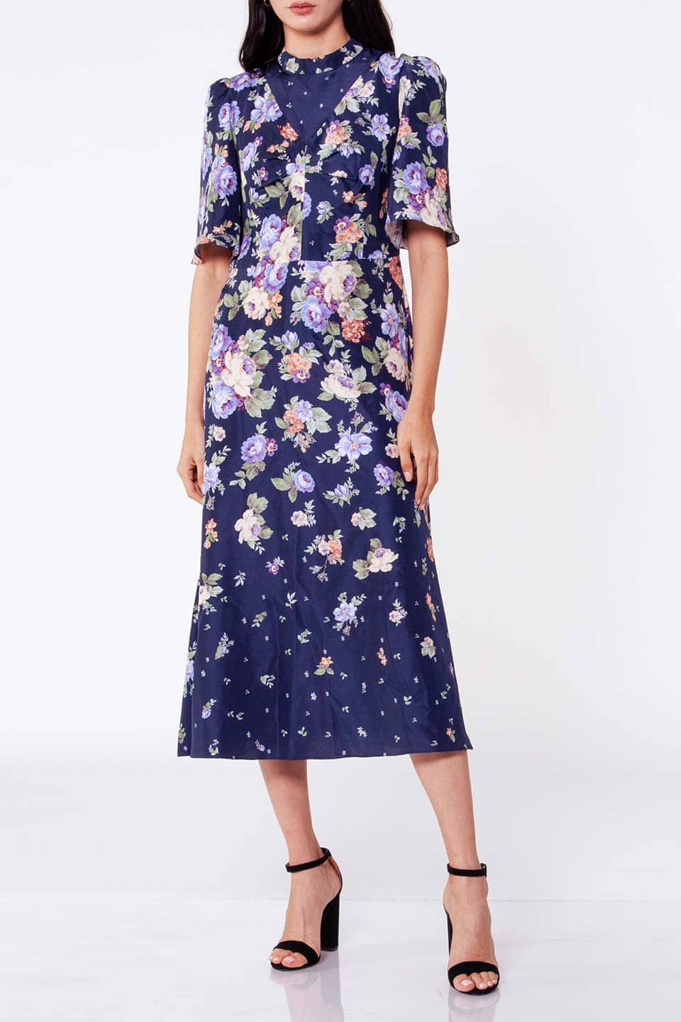 Thumbnail for Product gallery 1, Online shopping midi dress from fashion designer, blue color with floral print
