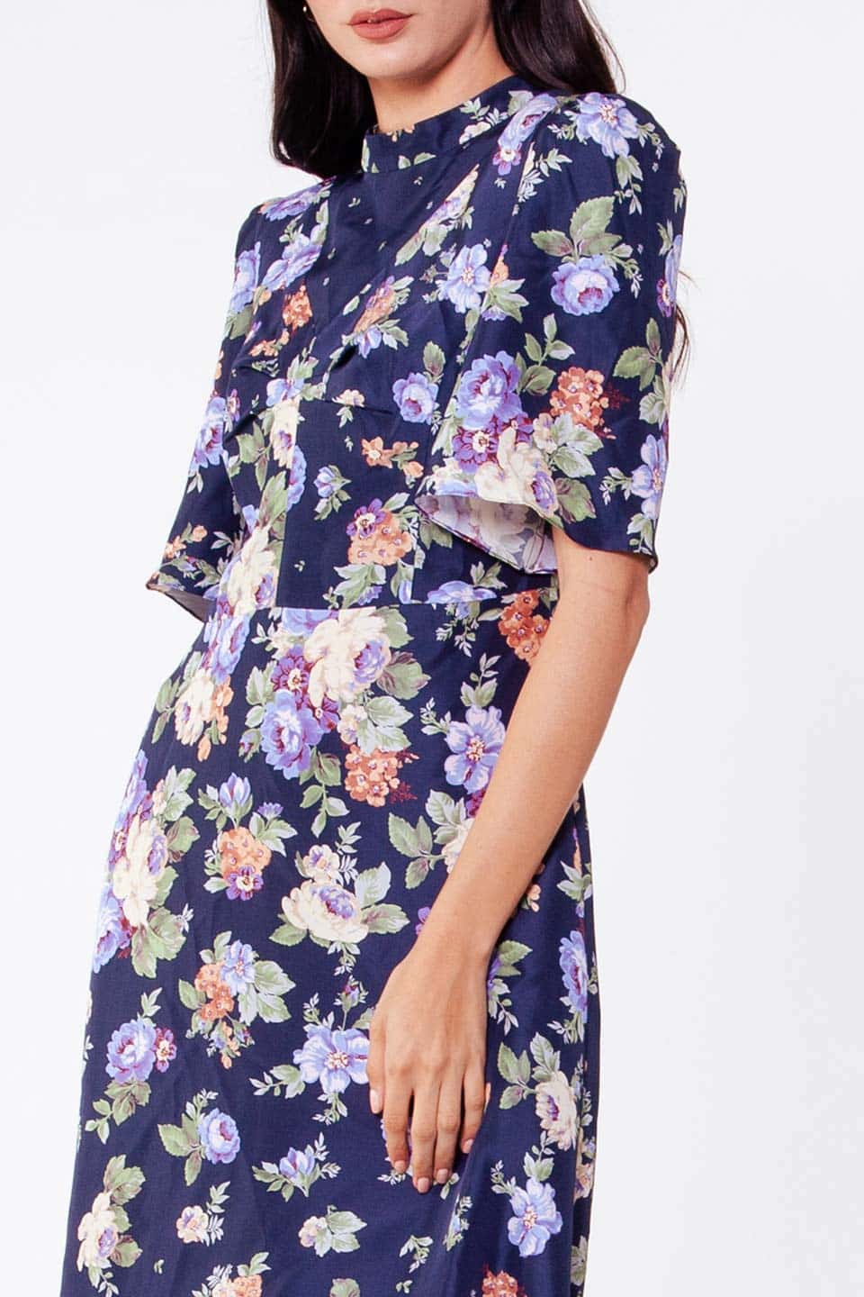 Midi dress from fashion designer Vilshenko, in blue color with floral print. online product detail view