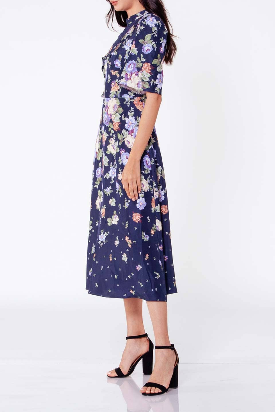 Thumbnail for Product gallery 5, Midi dress from fashion designer Vilshenko, in blue color with floral print. product view from side