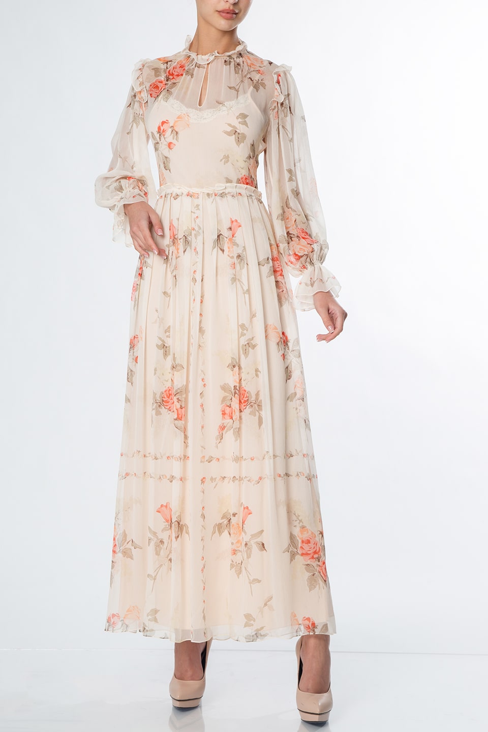 Midi dress from fashion designer in peach pink color with floral print full product view