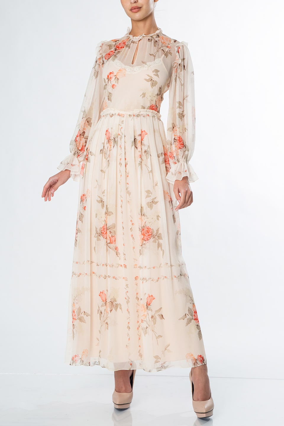 Thumbnail for Product gallery 1, Midi dress from fashion designer in peach pink color with floral print