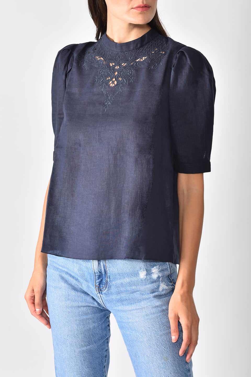 Thumbnail for Product gallery 1, Model wears navy linen top with floral cutout embroidery from stylist Vilshenko, posing for front view