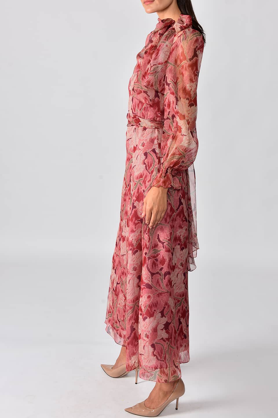 Thumbnail for Product gallery 2, Model wearing floral print silk chiffon long dress in a burgundy garden print from stylist Vilshenko, posing on left side