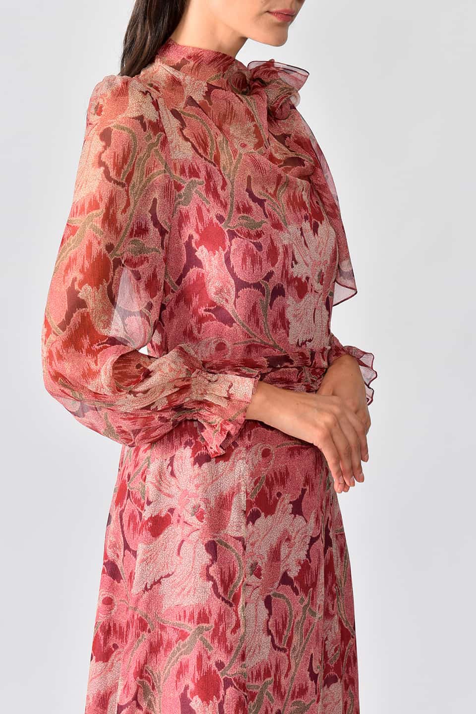 Thumbnail for Product gallery 6, Model wearing floral print silk chiffon long dress in a burgundy garden print from stylist Vilshenko, showing sleeve details