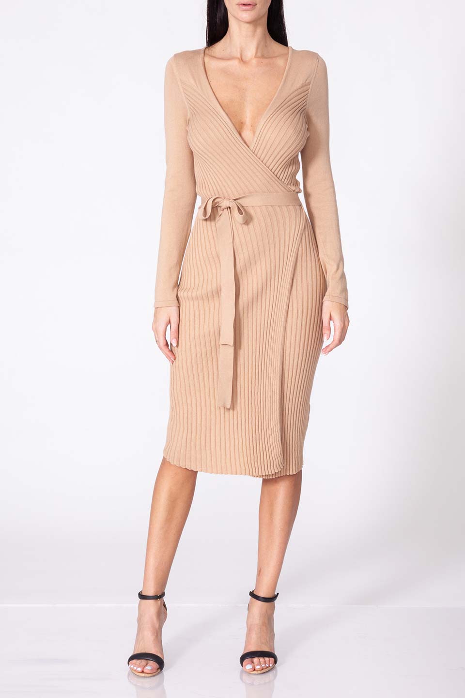 Fashion designer midi dress in sand color. Cashmere fabric and V-neck style. Product gallery 1